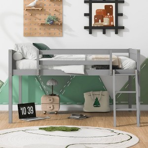Okak Twin/Full Size Solid Wood Bunk Bed Low Loft Bunk Bed with Convertible Ladder Left/Right & Safety Guardrail for Kids Teens, Easy Assemble - 1 of 4