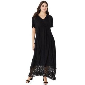 Roaman's Women's Plus Size Lace-Panelled Crinkle Boho Dress - 1 of 4