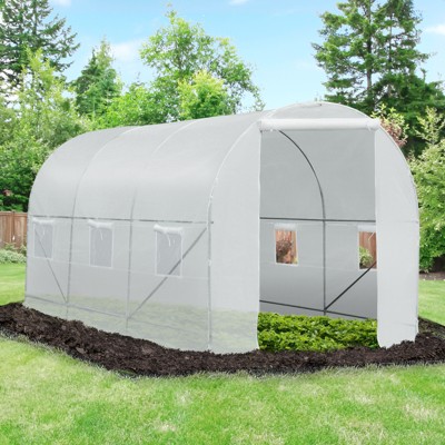 Outsunny White Steel Frame Walk-In Tunnel Greenhouse with Roll-Up Door