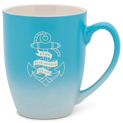 100 North Nautical 10 Ounce Blue and White Two Toned Ombre, Comfortably Fits Your Hands, Ceramic Tea Coffee Cup Mug, Hope As An Anchor