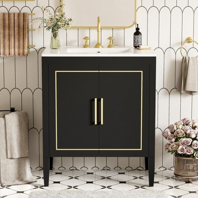 30"W Bathroom Vanity with Ceramic Sink, Bathroom Cabinet with Drawer, Door-mounted Storage Box and Soft Closing Door, Black&Gold-ModernLuxe