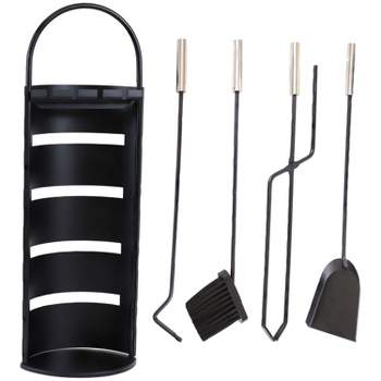 Sunnydaze 4pc Fireplace Tool Set with Slotted Shroud Holder - Black