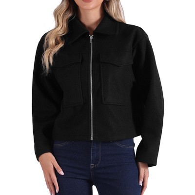 Allegra K Women's Zipper Lapel Collar Two Pockets Long Sleeve Casual Jacket
