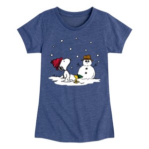 Girls' - Peanuts - Snoopy Woodstock Snowman Fitted Short Sleeve Graphic T-Shirt - 1 of 4