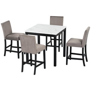 TiramisuBest 5psc Counter Height Dining Table Set with One Faux Marble Top Dining Table and Four Velvet-Upholstered Chairs,Black - 1 of 4