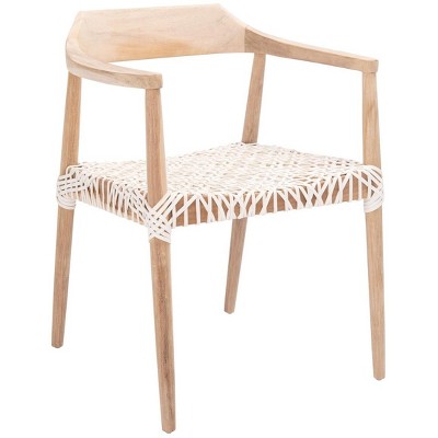 Mid-Century Teak Wood & White Leather Woven Accent Chair