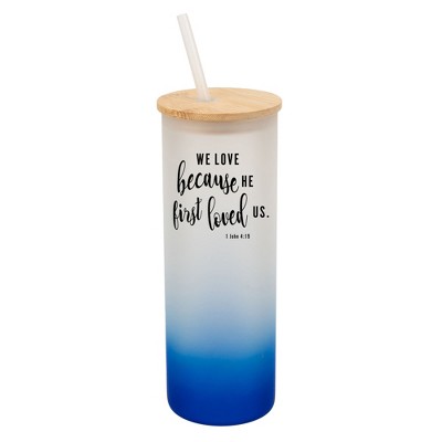 Elanze Designs We Love Because He First Loved Us Faith Wrap-Around Design 25 Ounce Frosted Gradient Glass On-The-Go Coffee Travel Skinny Tumbler Mug