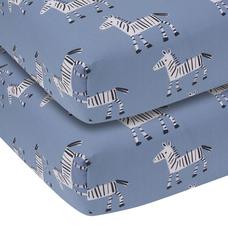 Lambs & Ivy Signature Zebra Blue Organic Cotton 2-Pack Fitted Crib Sheets, 1 of 6