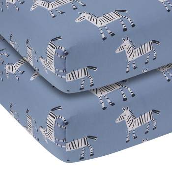 Lambs & Ivy Signature Zebra Blue Organic Cotton 2-Pack Fitted Crib Sheets