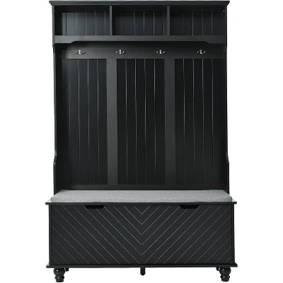 47-Inch Wide Entryway Bench, 4-in-1 Hall Tree with Storage, 4 Hooks & Cushion, Space-Saving Shoe Organizer for Mudroom, Black