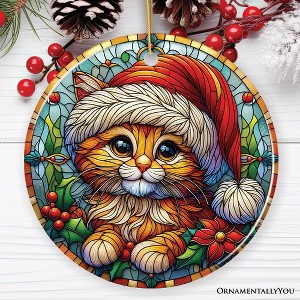 Adorable Cat in Santa Hat Stained Glass Style Ceramic Ornament, Christmas Gift and Decor| OrnamentallyYou - 1 of 4