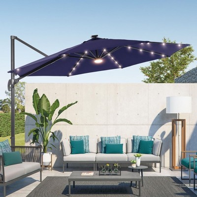 Sonkuki 11FT Round Offset Outdoor Patio Solar LED Cantilever Umbrella with Aluminium Pole