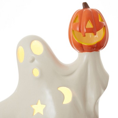 Hand-Painted Ceramic Halloween Ghost with Pumpkin LED Decor