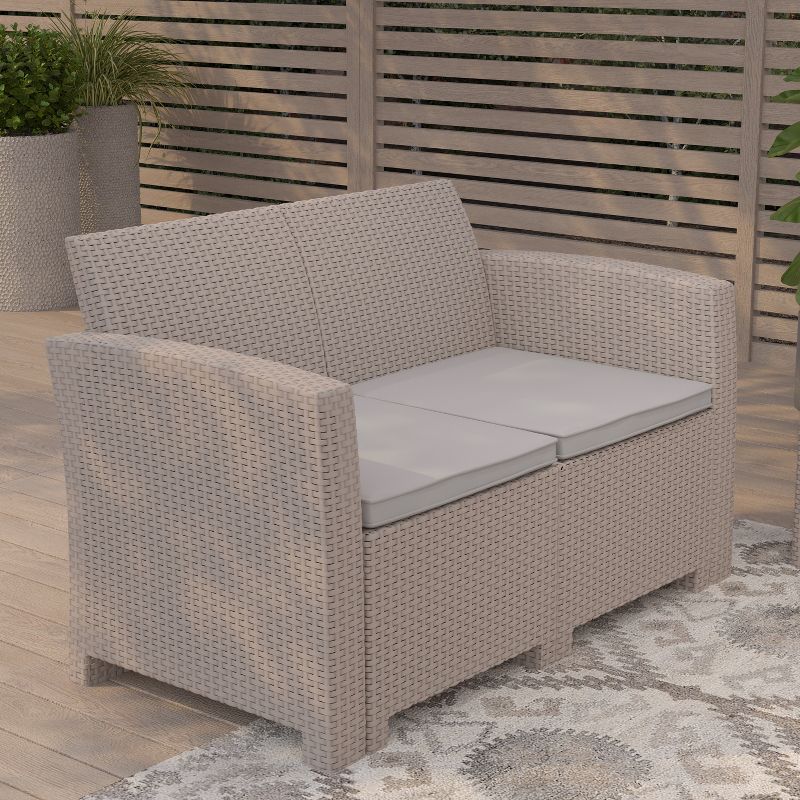 Merrick Lane Outdoor Furniture Resin Loveseat Faux Rattan Wicker Pattern 2-Seat Loveseat With All-Weather Cushions, 3 of 12