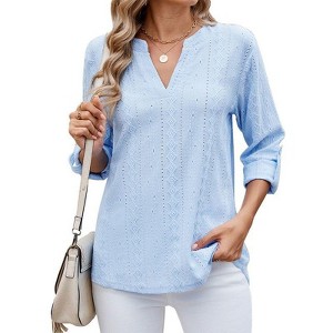 Coolmee Women's V Neck Casual Hollow Out Eyelet Embroidered Blouses Shirts Cover Up Tops Dressy - 1 of 4