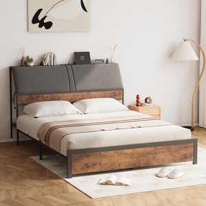 Platform Bed Frame with Upholstered Headboard, Charging Station, Durable Metal Frame, Noiseless, No Spring Mattress Required, Easy to Assemble - 1 of 4