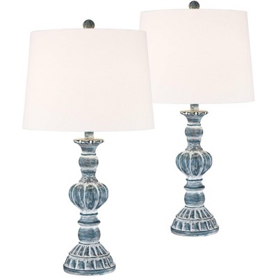 Regency Hill Coastal Vintage Table Lamps Set of 2 with Table Top Dimmers Blue Wash White Fabric Drum for Living Room Bedroom Home