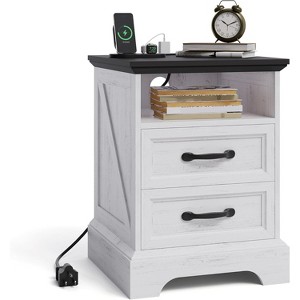 Farmhouse Bedside Table with 2 Drawers, Open Shelf, USB and Socket for Small Bedroom Space, 2 Pieces in a Set, Country Style - 1 of 4