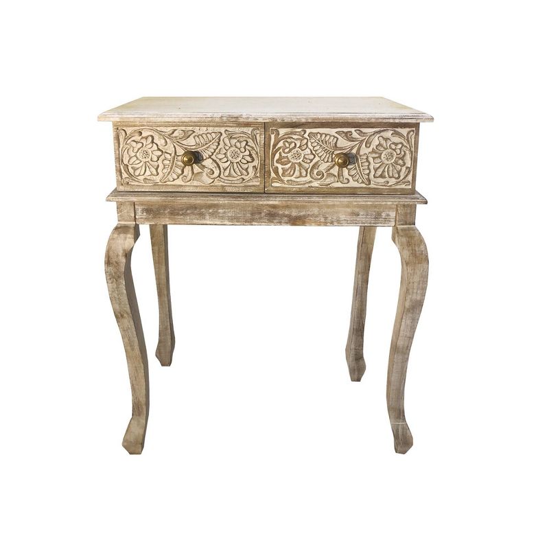2 Drawer Mango Wood Console Table with Floral Carved Front Brown/White - The Urban Port, 1 of 8