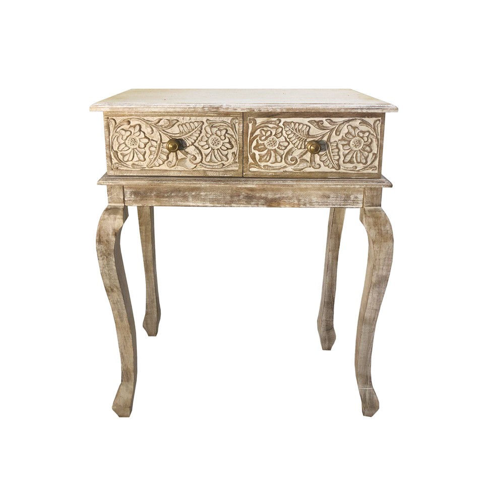 2 Drawer Mango Wood Console Table with Floral Carved Front Brown/White - The Urban Port