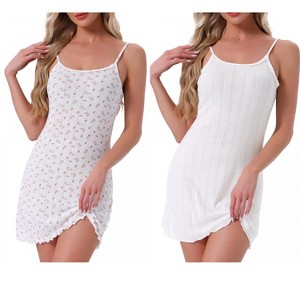 INSPIRE CHIC Women's 2 Pcs Spaghetti Strap Sleeveless Ruffle Hem Pointelle Mini Sleep Shirt - 1 of 4