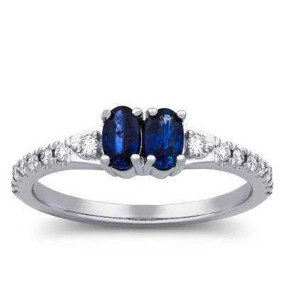Pompeii3 1 1/2ct Blue Sapphire & Diamond Two Stone Forever Us Engagement Ring White Gold
