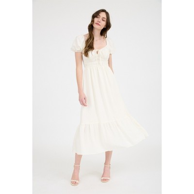 Женские платья August Sky Solid Front Tie Puff Sleeve Ruffle Hem Midi Dress, Ivory, Small — фото 4
