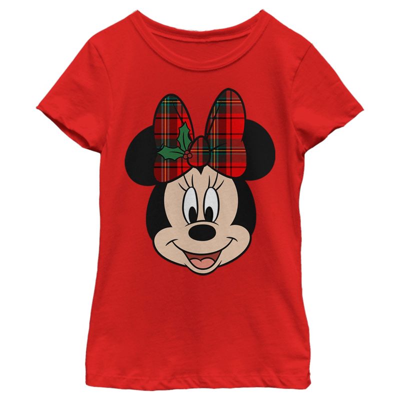 Girl's Mickey & Friends Christmas Minnie Mouse Holly Plaid Bow T-Shirt, 1 of 6