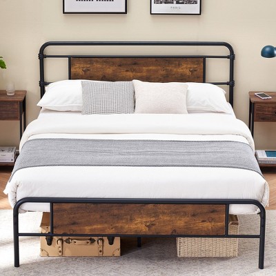 Queen Bed Frame with Wooden Headboard Footboard, Heavy Duty Mattress Foundation, Metal Platform Bed Frame with Strong Metal Slat Support