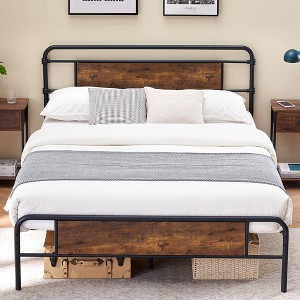 Queen Bed Frame with Wooden Headboard Footboard, Heavy Duty Mattress Foundation, Metal Platform Bed Frame with Strong Metal Slat Support - 1 of 4