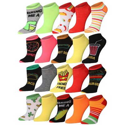 Tipi Toe Women's 20 Pairs Colorful Plain Solid Food Inspired Striped Patterned Low Cut/No Show Socks