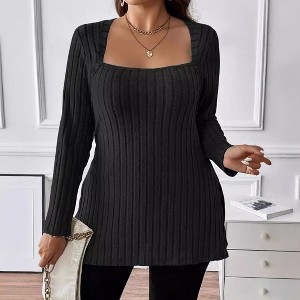 Women's Plus Size Square Neck Ribbed Top Slim Fit Long Sleeve Knit Shirt with Side Slits - 1 of 3