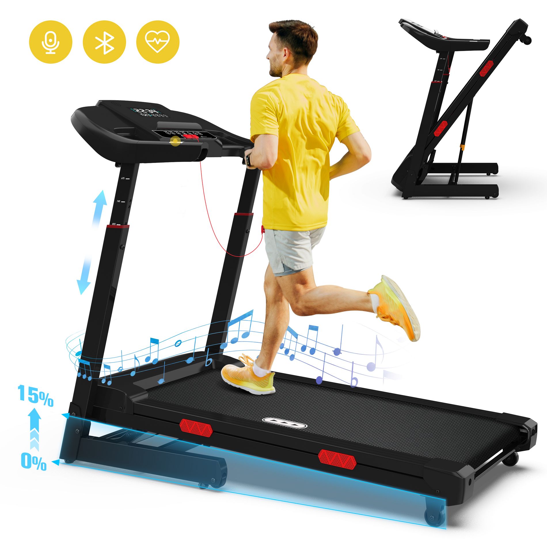 REDLIRO Foldable Treadmill, 15% Auto Incline, 350 lb Capacity, Bluetooth, Voice Control, Heart Rate Monitor, for Home & Office