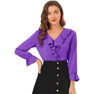 INSPIRE CHIC Women's Office Work Ruffle V Neck Long Sleeve Chiffon Peasant Blouse - 1 of 4