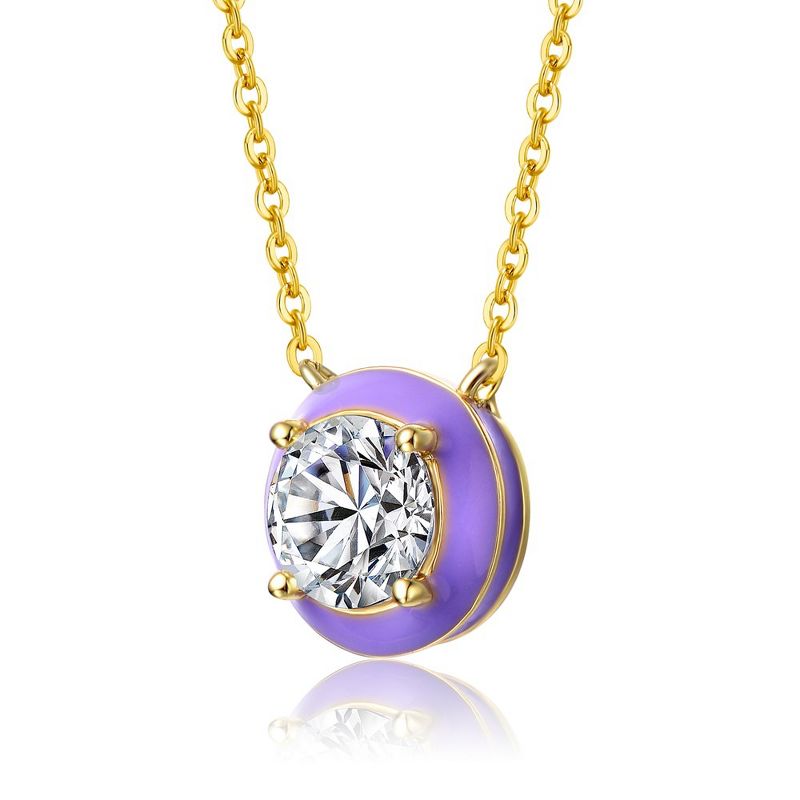 Guili 14k Yellow Gold with Clear Cubic Zirconia Solitaire Purple Enamel Petite Halo Pendant Layering Necklace., 2 of 3