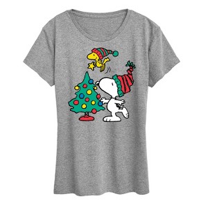 Women's - Peanuts - Snoopy and Woodstock Christmas Tree Short Sleeve Graphic T-Shirt - 1 of 4