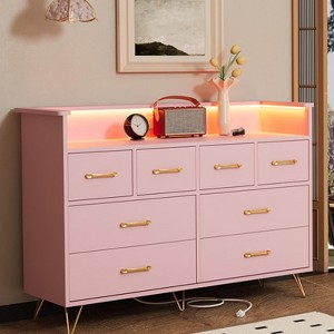 8 Drawer Dresser with Power Outlet and LED Lights, Wood Modern Chest of Drawers with Gold Handles and Open Storage Space, for Bedroom, Living Room - 1 of 4