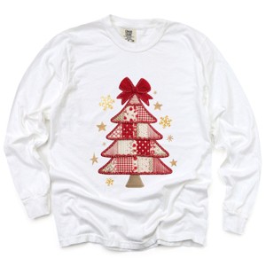 Christmas Tree Red Patchwork Print - Women's Garment Dyed Long Sleeve Graphic T-Shirt - 1 of 4