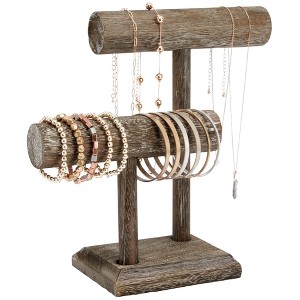 Bright Creations Rustic-Style 2-Tier Jewelry Organizer Stand, Wooden T-Bar Necklace Rack and Bracelet Holder Display for Selling, Bangle, (8x4x9 In) - 1 of 4