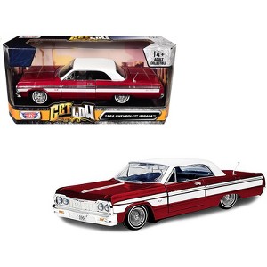 1964 Chevrolet Impala Lowrider Hard Top Candy Red Metallic with White Top "Get Low" Series 1/24 Diecast Model Car by Motormax - 1 of 3