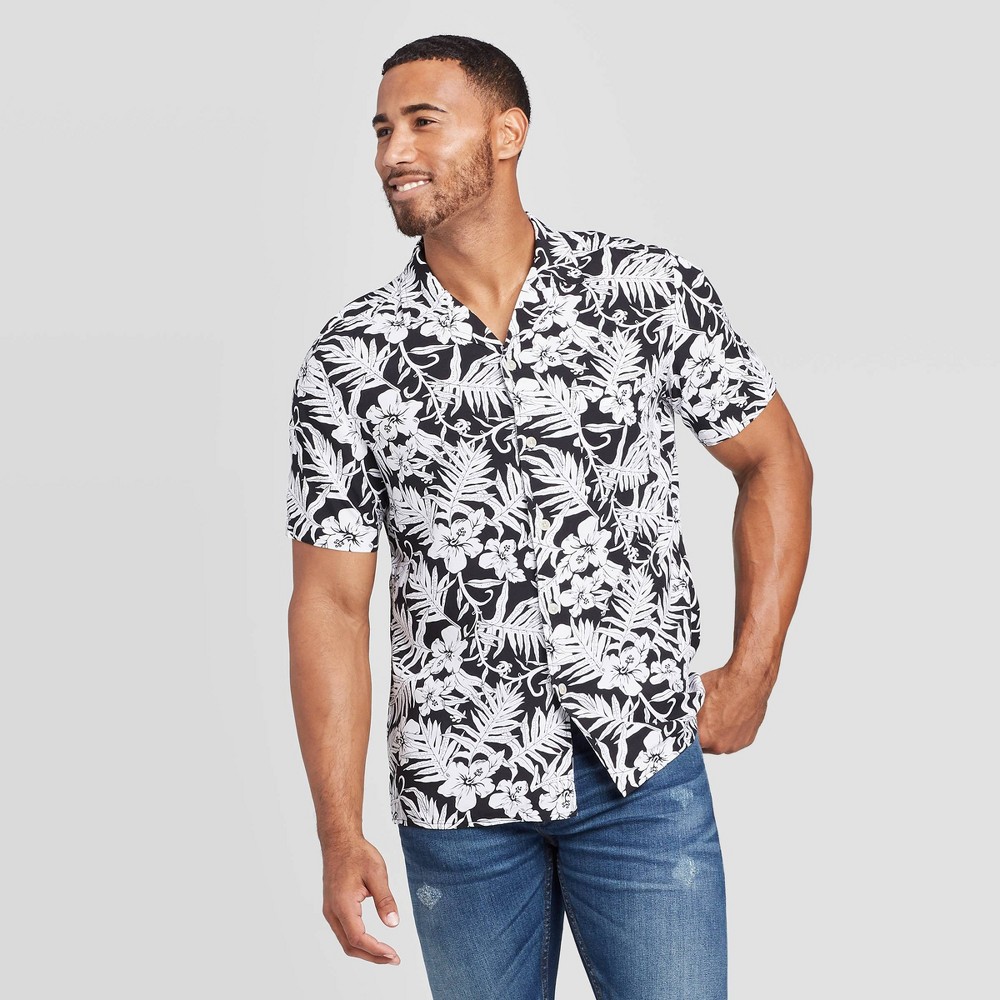 Men's Floral Print Standard Fit Short Sleeve Button-Down Camp Shirt - Goodfellow & Co Black M, Men's, Size: Medium was $19.99 now $12.0 (40.0% off)