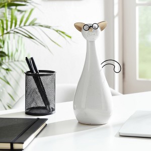 Elegant Cat Figurine with Glasses - Ceramic, Metal & Ceramic Glam Decor - Stylish Home, Office, Bedroom, Living Room Accent - 1 of 4