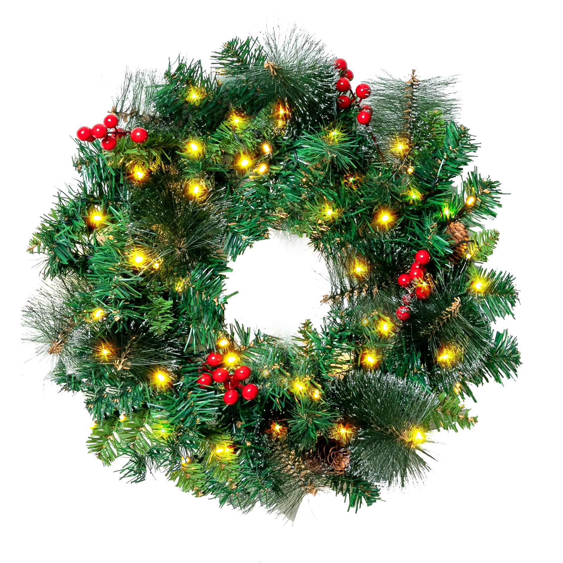 Joyfy Christmas Wreath, Prelit Artificial Christmas Wreaths with LED Lights, Large Red Bow, Pine Cones & Berry Clusters, Xmas Holiday Decor