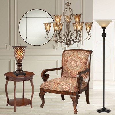 Elegant Bronze Torchiere Floor Lamp with Amber Glass Shade