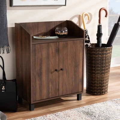 Walnut Brown 2-Door Wood Entryway Shoe Storage Cabinet with Open Shelf