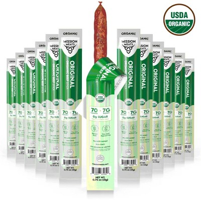Mission Meats USDA Certified Organic Beef Sticks – Organic & Grass Fed Beef, Zero Sugar, Gluten Free, Non-GMO, Original 0.75oz