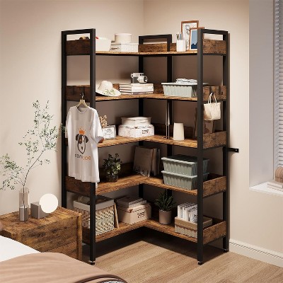 COUCHETA 65.4 Inch 5-Tier Convertible Corner Bookshelf, L-Shaped Storage Shelf with Retro Industrial Style