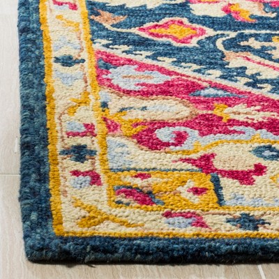 Navy and Fuchsia Square Wool Floral Area Rug