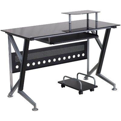 Glass Computer Desk with Pull - Out Keyboard Tray and Cpu Cart - Black Glass Top/Silver Frame - Riverstone Furniture Collection