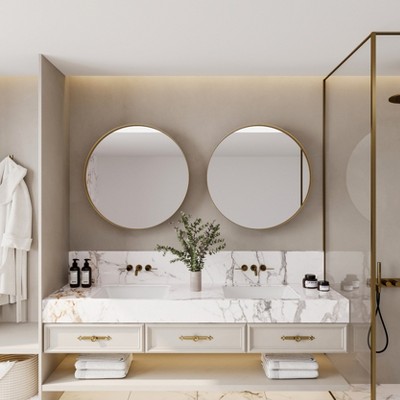 Vynxaria 31.5" Round Surface Mount Metal Framed Medicine Cabinet with Mirror, Adjustable Shelves, Gold Storage Solution for Bathroom